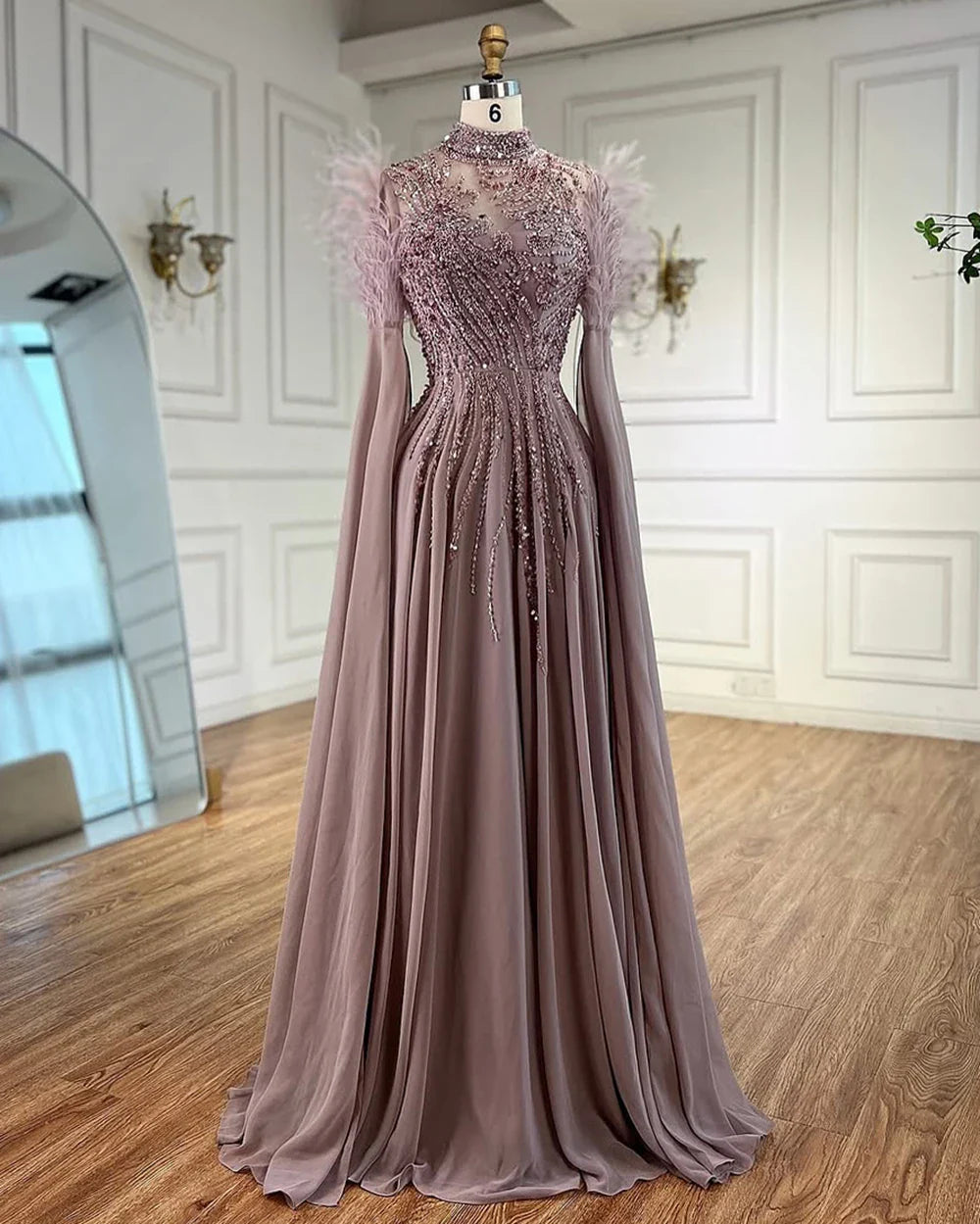 Luxury Pink Feather Beaded Evening Dress with Long Cape Sleeves LA72982
