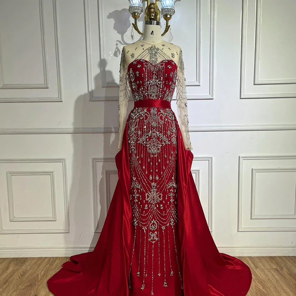 Luxury Dubai Blue Crystal Beaded Evening Dress with Overskirt LA72757