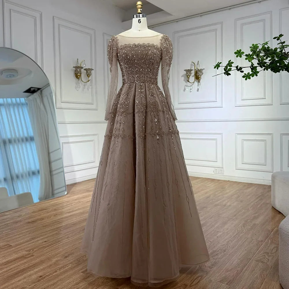 Luxury Caramel A-Line Beaded Evening Dress with Long Sleeves LA73077