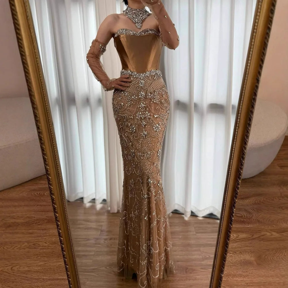 Luxury Beaded Corset Evening Dress Sheer Long Gloves LA72929