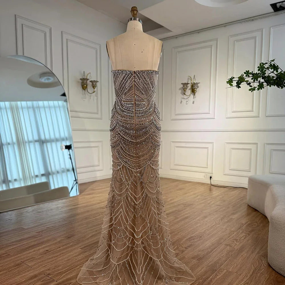 Luxury Nude Silver Beaded Evening Gown with Crystals LA72900