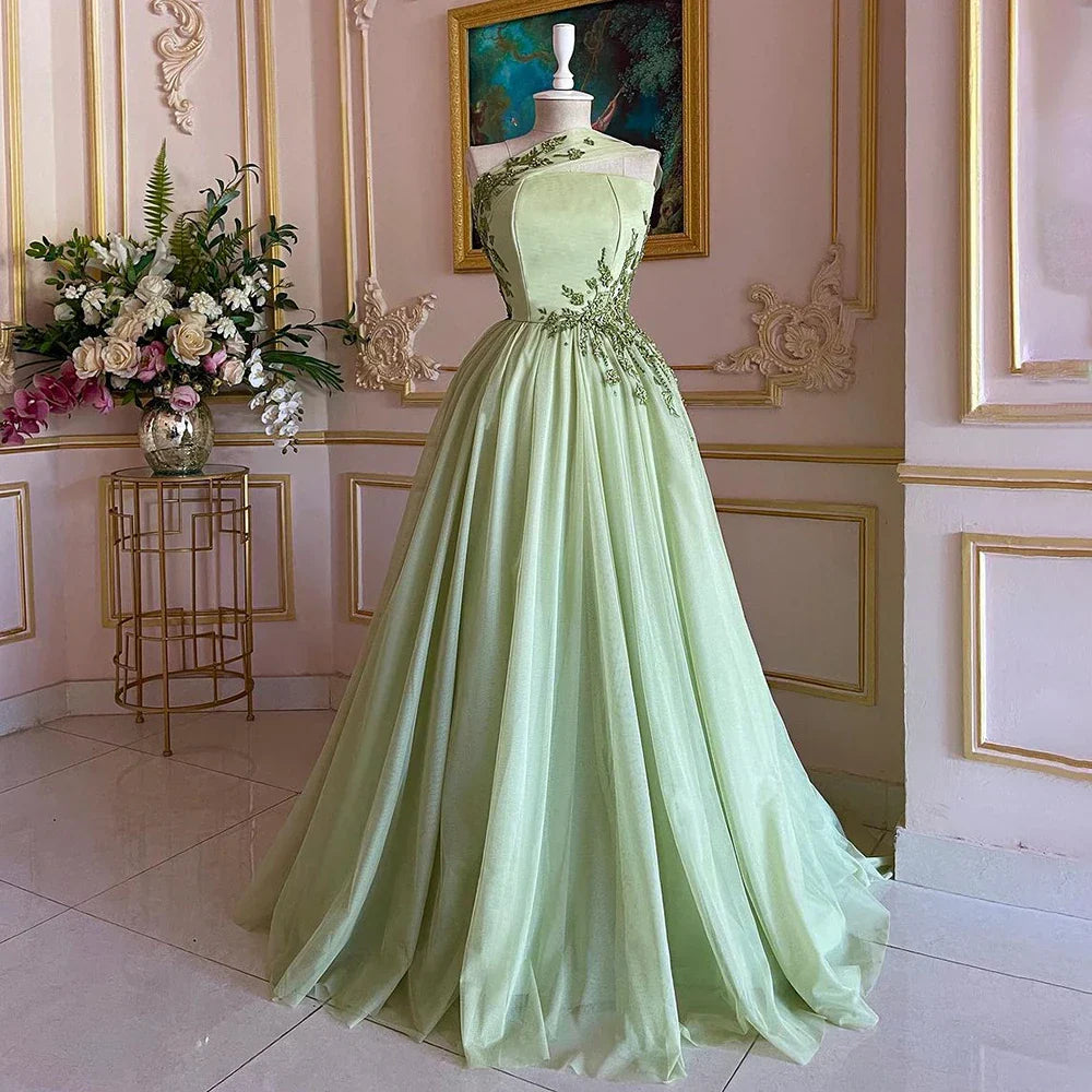 Luxury Dubai Sage Green Elegant One-Shoulder A-Line Appliques Long Arabic Evening Gown for Formal Occasion LA72783