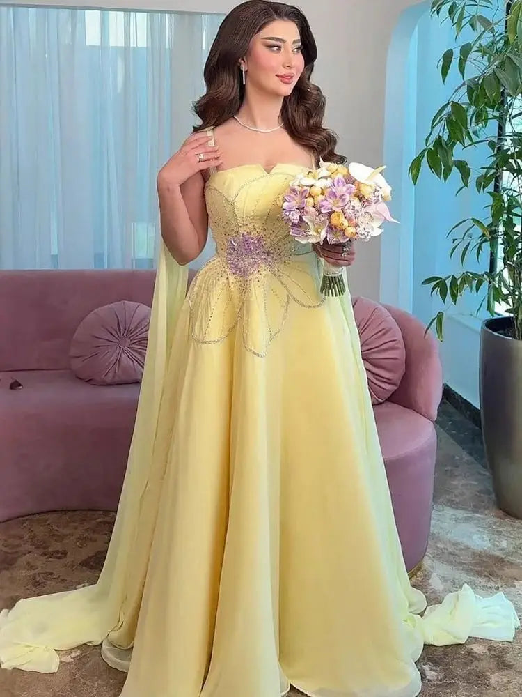 Luxury Yellow A Line Evening Dress with Cape LA73045