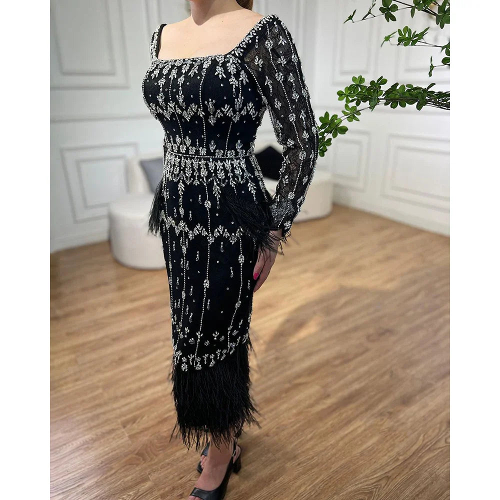 Luxury Black Feathers Midi Evening Dress with Long Sleeve LA71492AM