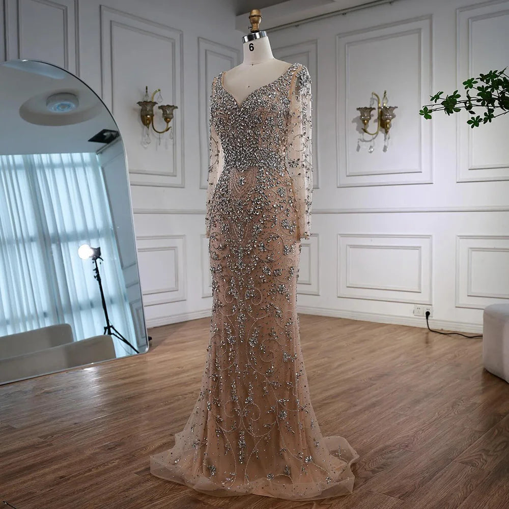 Luxury Nude Beaded Crystal Evening Dress with Long Sleeves LA73042