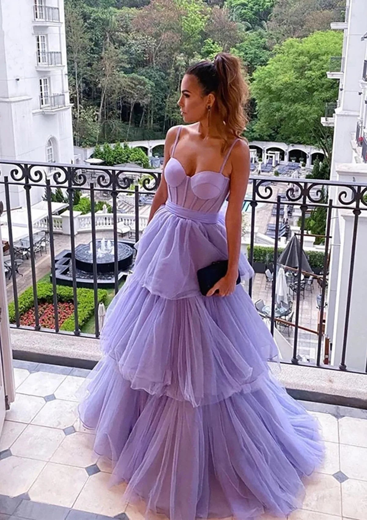 Serene Hill Arabic Lilac A-Line Spaghetti Straps Long Tulle Prom Dress with Ruffles for Women's Party LA72681