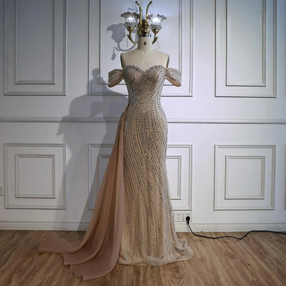 Luxury Nude Beaded Mermaid Evening Dress with Overskirt LA72911