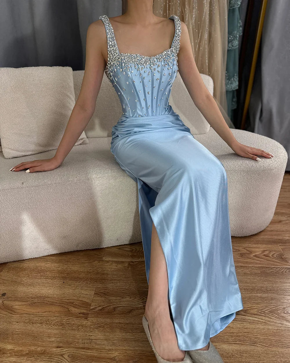Luxury Dubai Saudi Blue Crystal Beaded Spaghetti Strap Mermaid Evening Dress Gown with Split for Formal Occasion LA72739