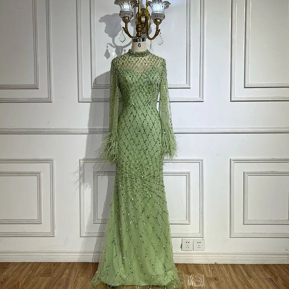 Luxury Dubai Caramel Beaded Feathers Mermaid Evening Dress LA72394A