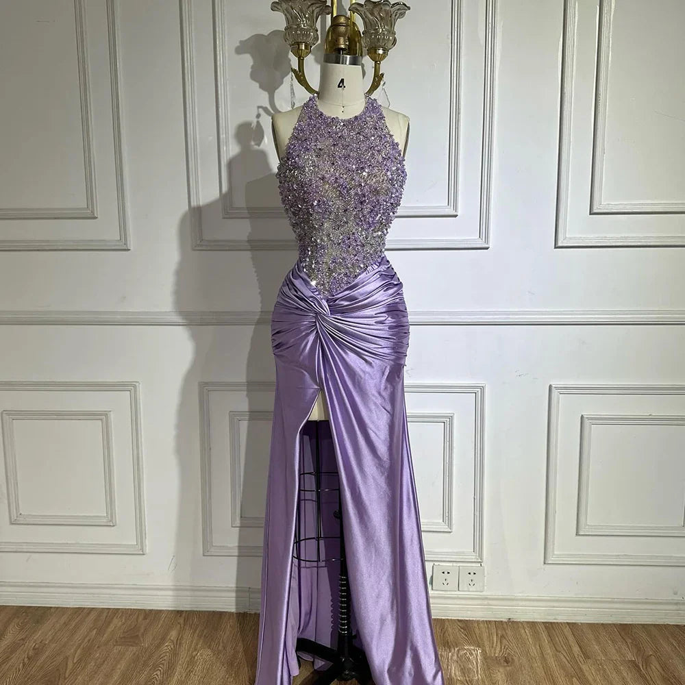 Luxury Dubai Lilac Halter Neck Satin Split Mermaid Evening Dress LA72668