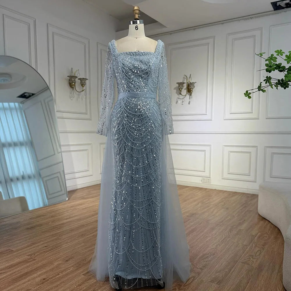 Blue Square Evening Dress With Long Sleeve Plus Size LA72032N