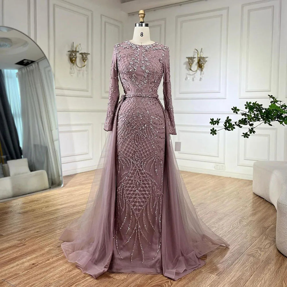 Serene Hill Muslim Silver Nude Mermaid Gown with Detachable Overskirt Beaded Evening Dress for Women Wedding Party LA71919