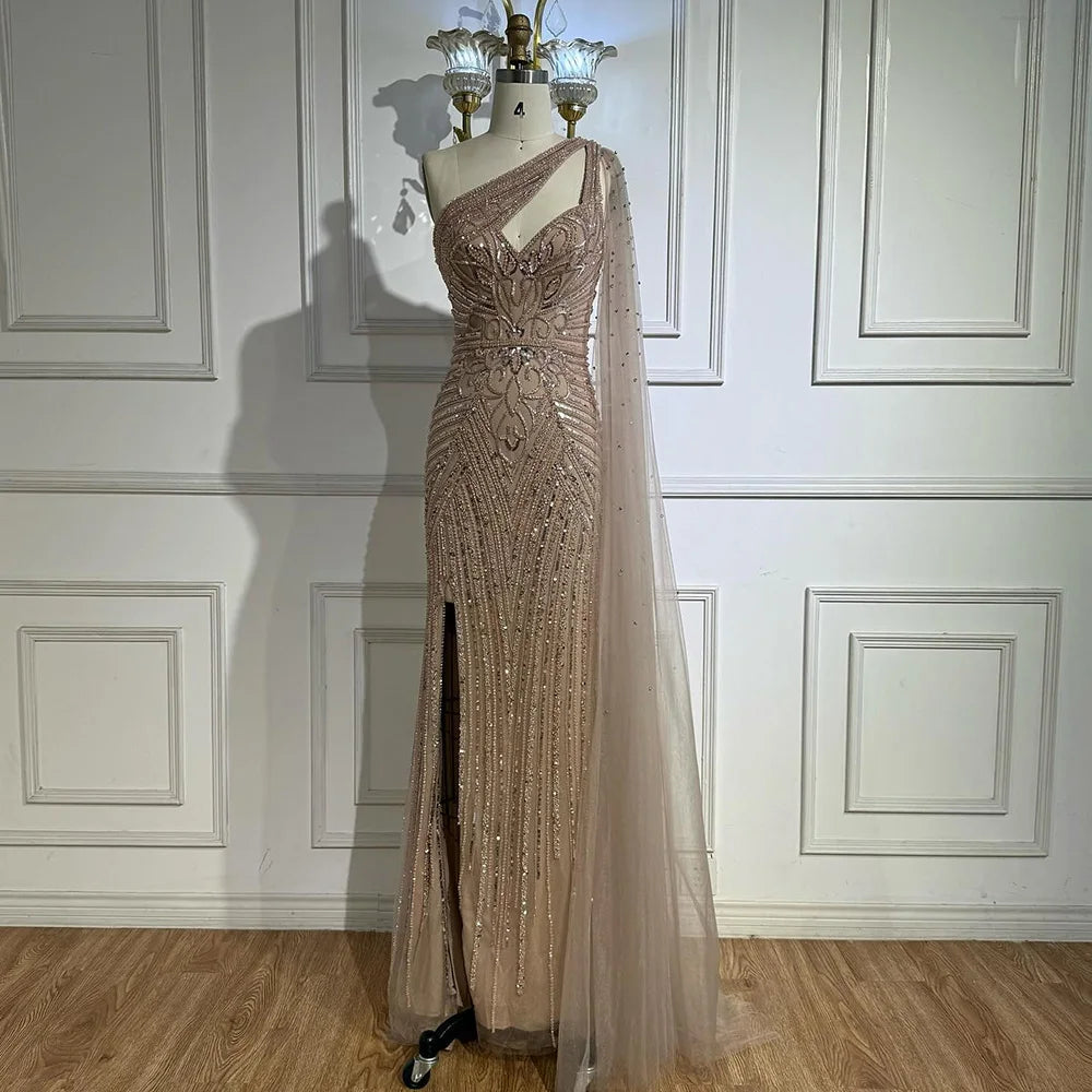 Luxury Caramel Beaded Mermaid Evening Dress with One Shoulder Cape LA73085