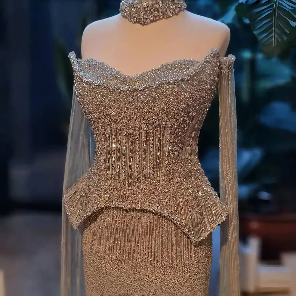 Luxury Gray Beaded Off-Shoulder Evening Dress with Cape Sleeves LA73076