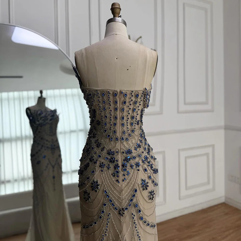 Luxury Blue Crystal Beaded Mermaid Evening Dress LA72760B