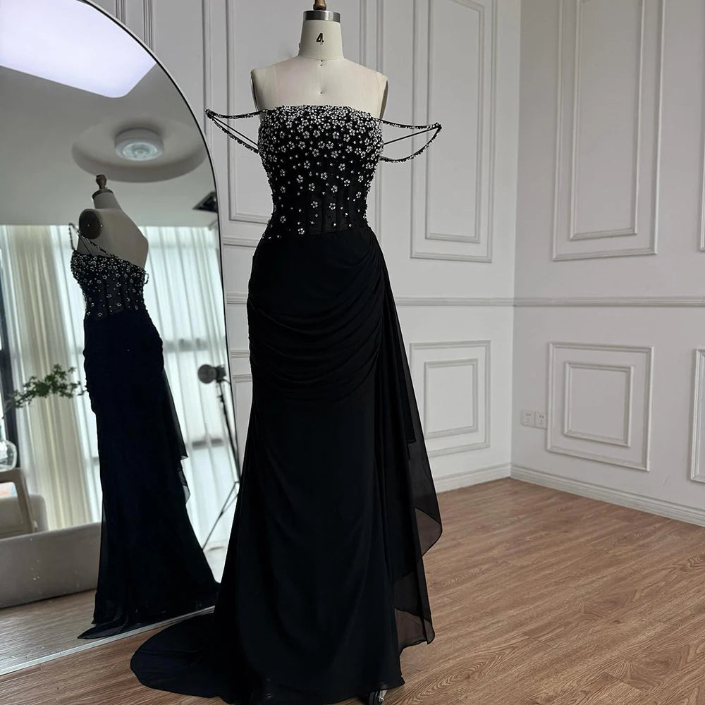 Luxury Black Beaded Mermaid Prom Dress with Spaghetti Straps LA73047