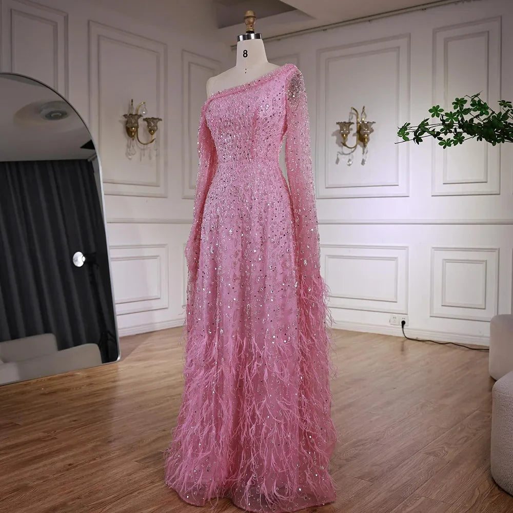 Luxury Feather One Shoulder Evening Dress with Cape Sleeves LA72763
