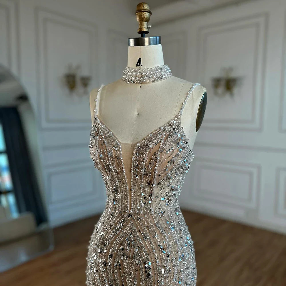 White Nude Beaded Evening Dress with Spaghetti Straps LA72047D