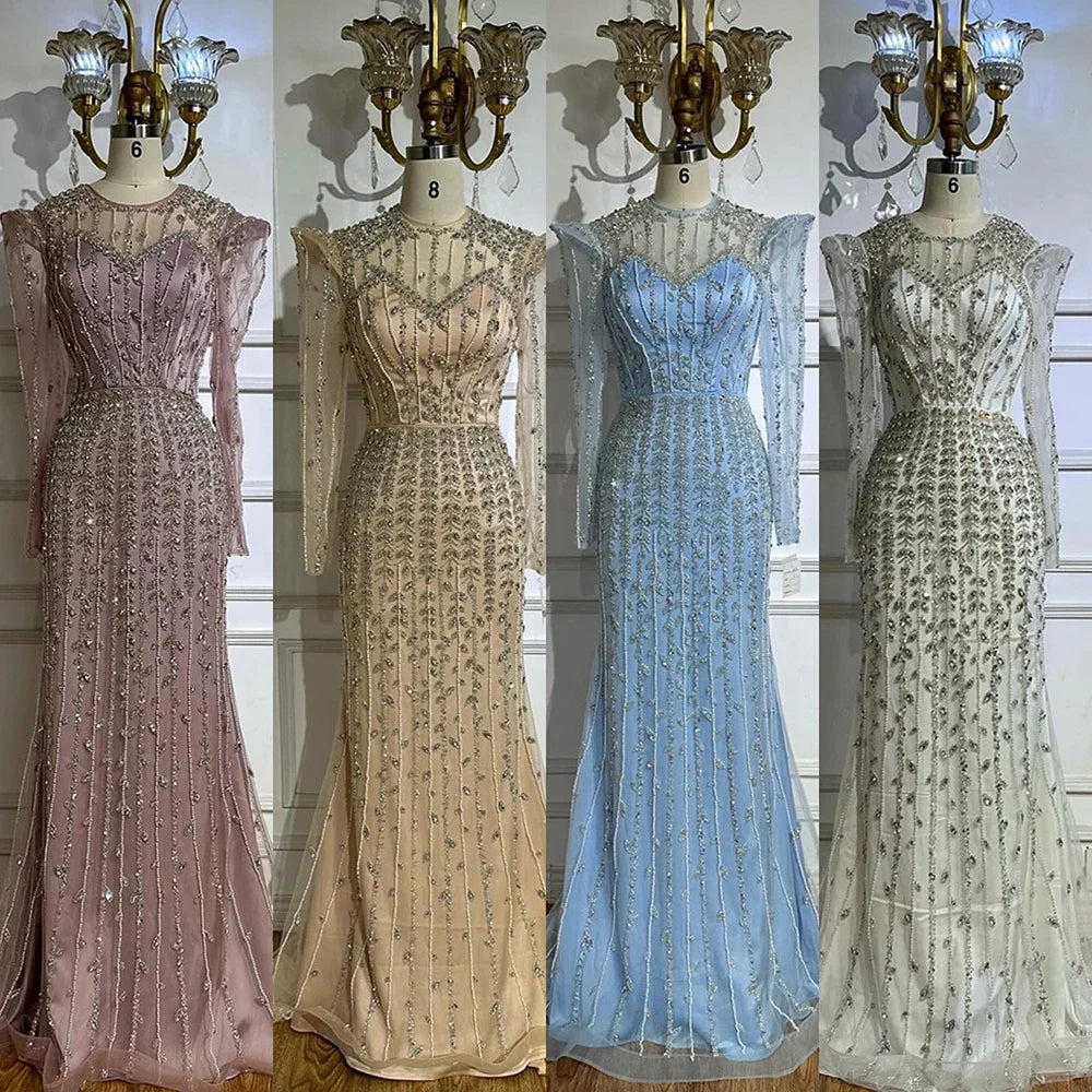 Luxury Dubai Pink Elegant Pearls Beaded Mermaid Evening Dress LA72826