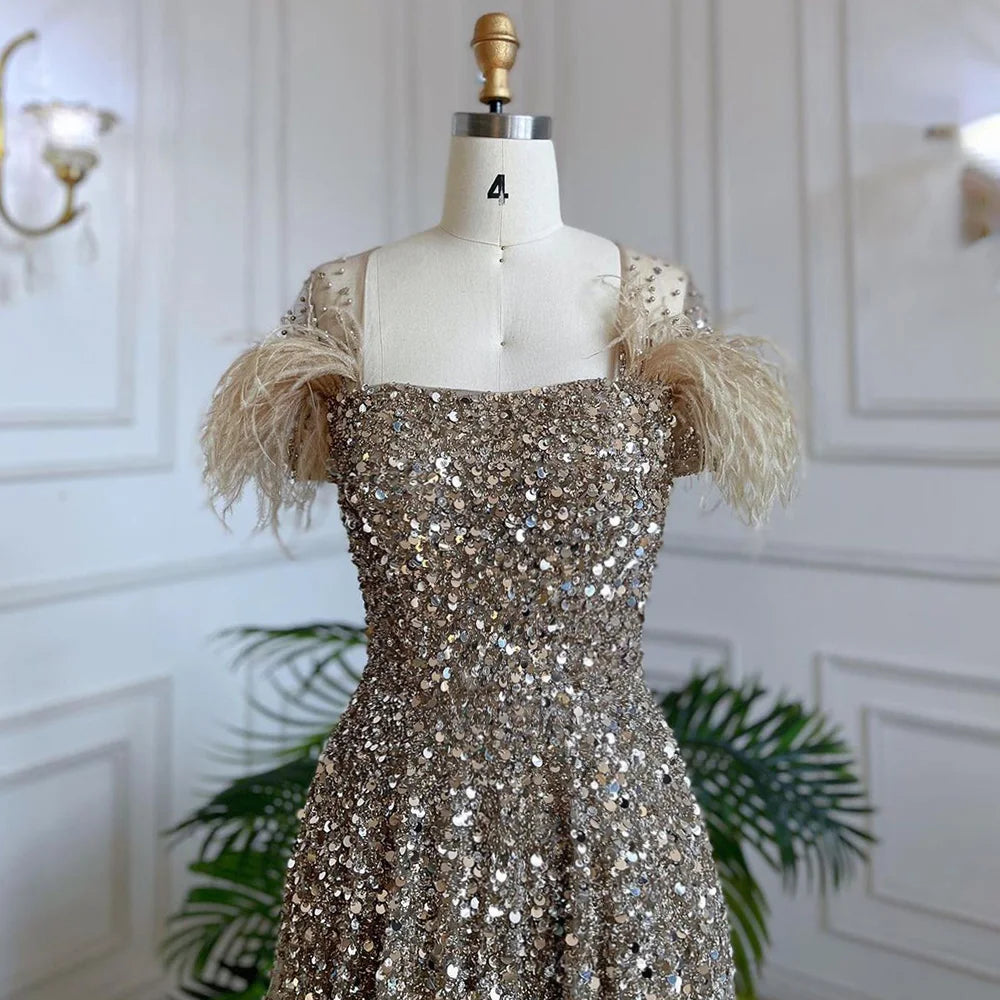Luxury Caramel Feather Beaded A-Line Evening Dress LA71720