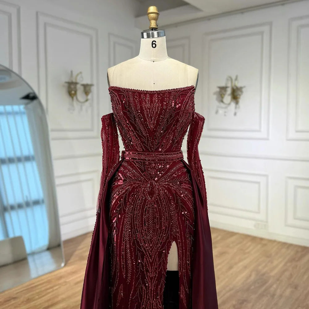 Luxury Wine Red Beaded Evening Dress Gown with Gloves and Overskirt LA72935