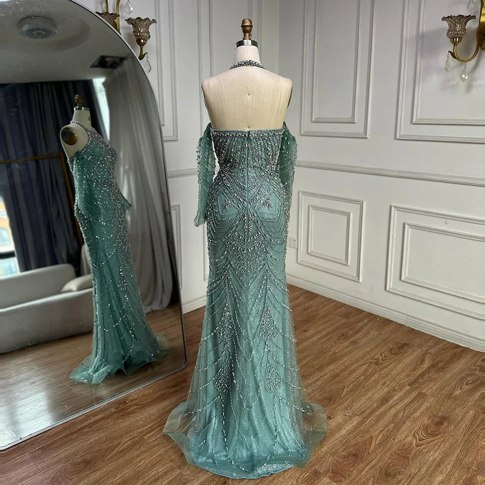 Luxury Turquoise Mermaid Evening Dress Detachable Sleeves LA72925