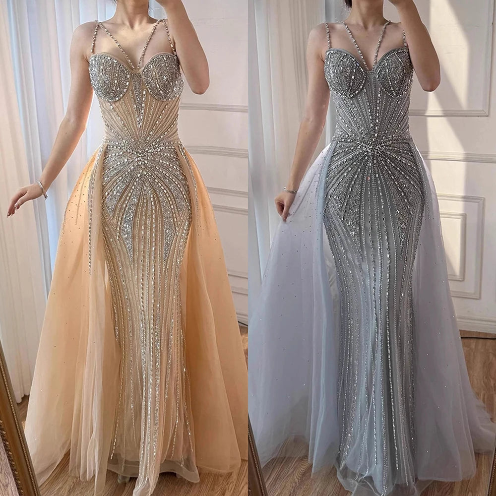Luxury Nude Spaghetti Strap Mermaid Evening Dress with Overskirt Beaded LA73090