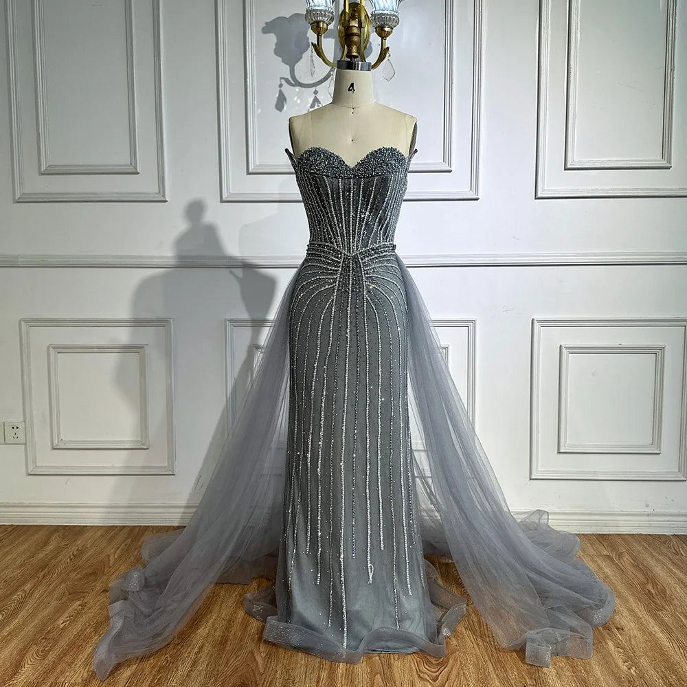 Strapless Pink Pearls Beaded Arabic Mermaid Evening Dress with Overskirt LA72811B