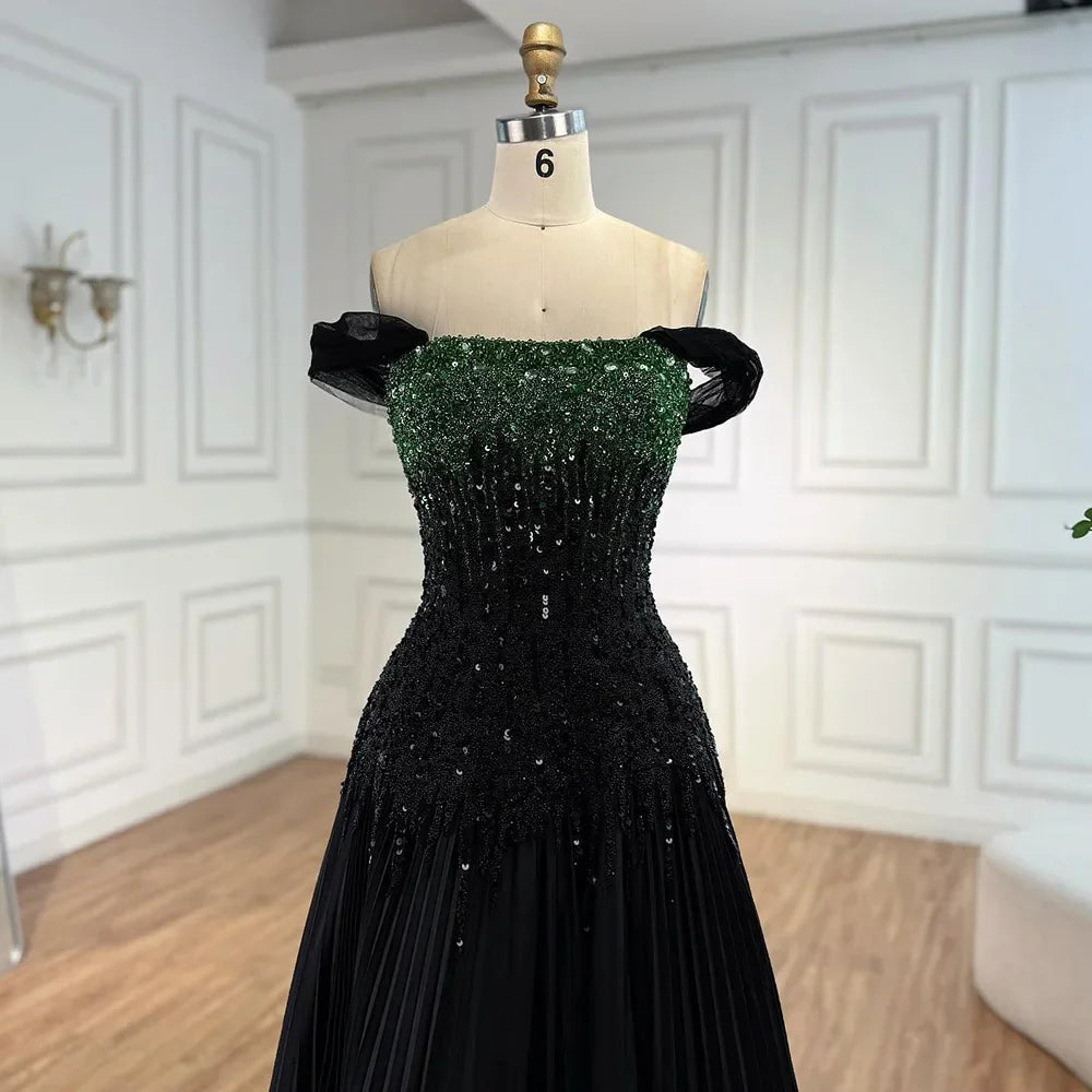 Luxury Beaded Black Green Off Shoulder Dubai Evening Dress for Party LA72406
