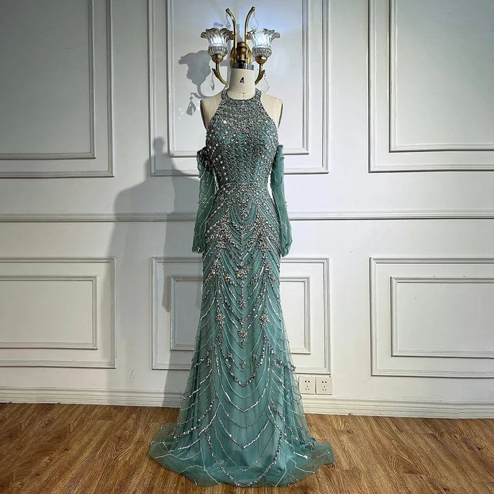 Luxury Turquoise Halter Mermaid Evening Dress LA72980