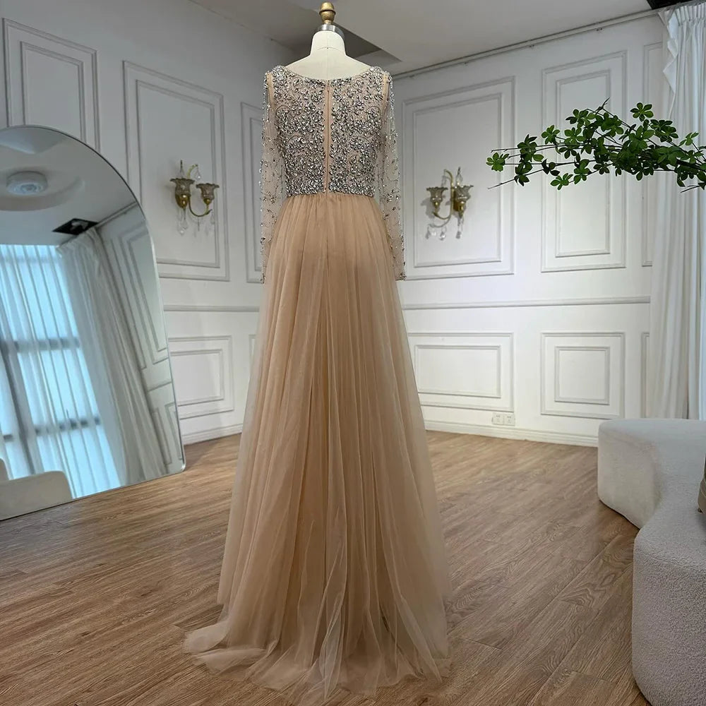 Luxury Nude Beaded Mermaid Evening Dress with Overskirt LA73042A