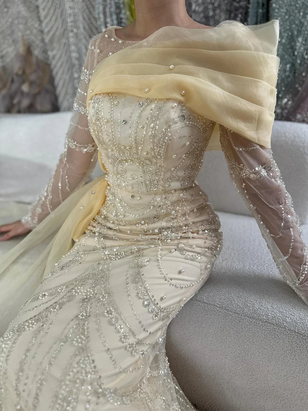 Luxury Pink Beaded Mermaid Evening Dress with Overskirt LA72348A