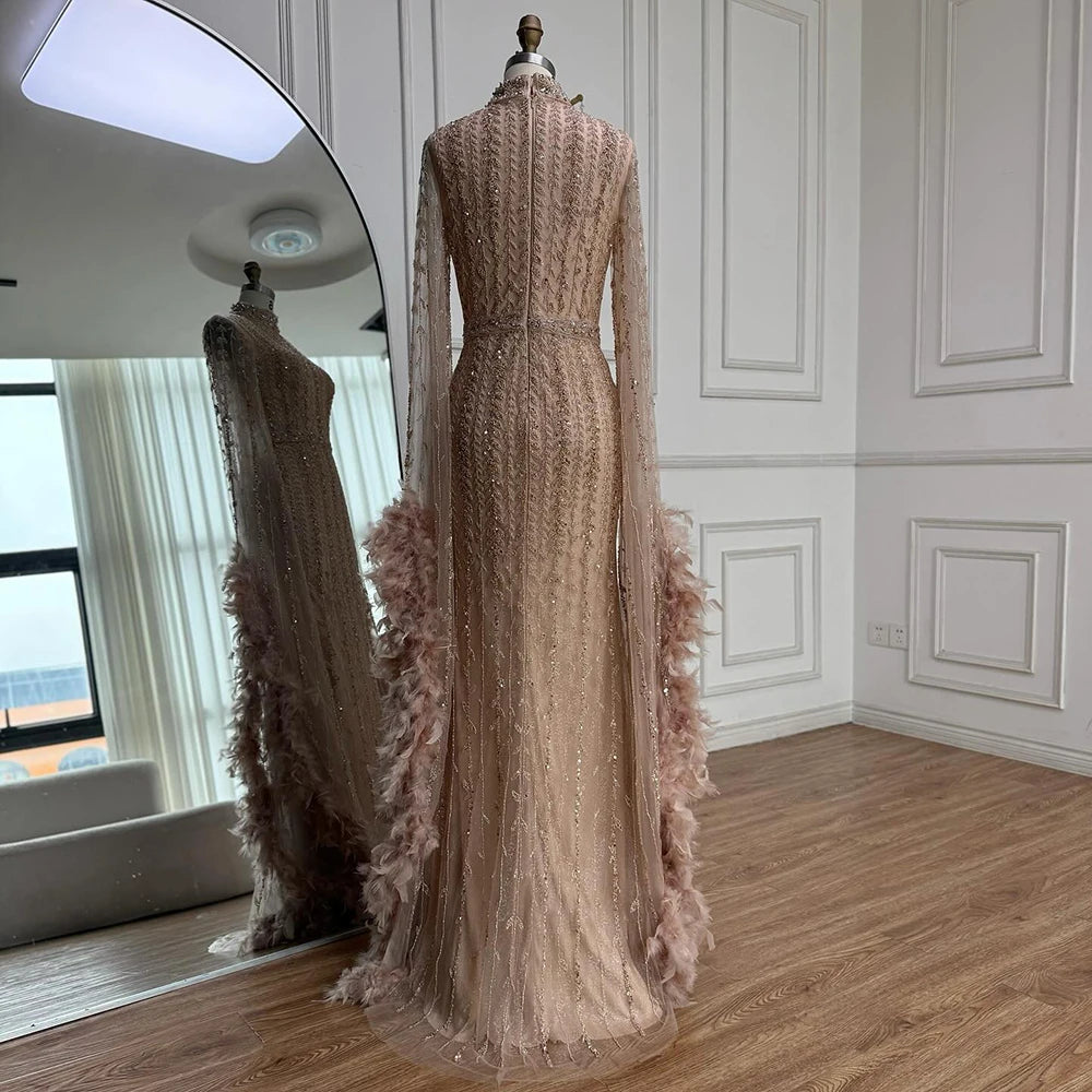 Elegant Rose Gold Evening Dress Featuring Feathered Cape Sleeves LA72947