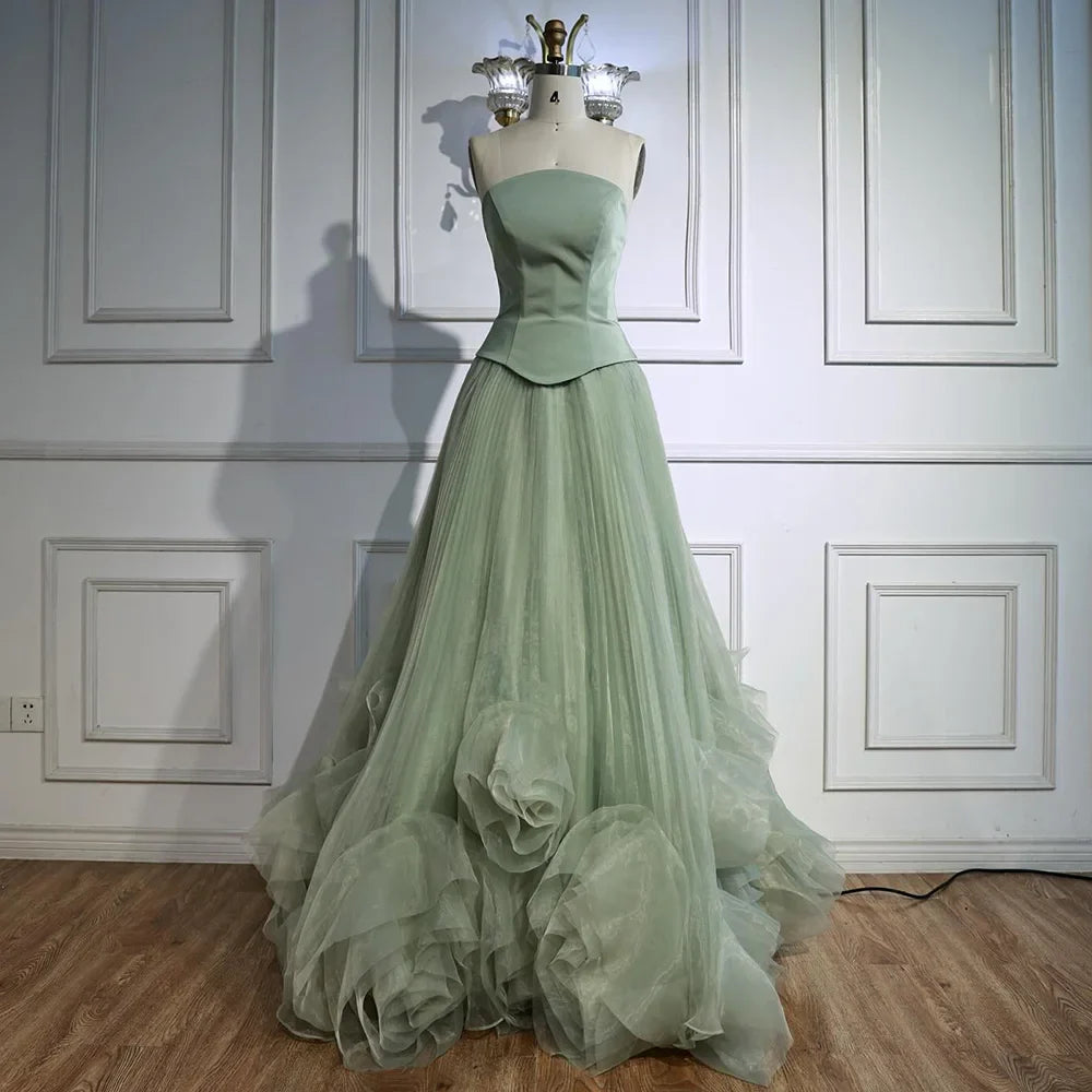 Elegant Sage Green 3D Flowers A Line Evening Dresses Gowns LA72913