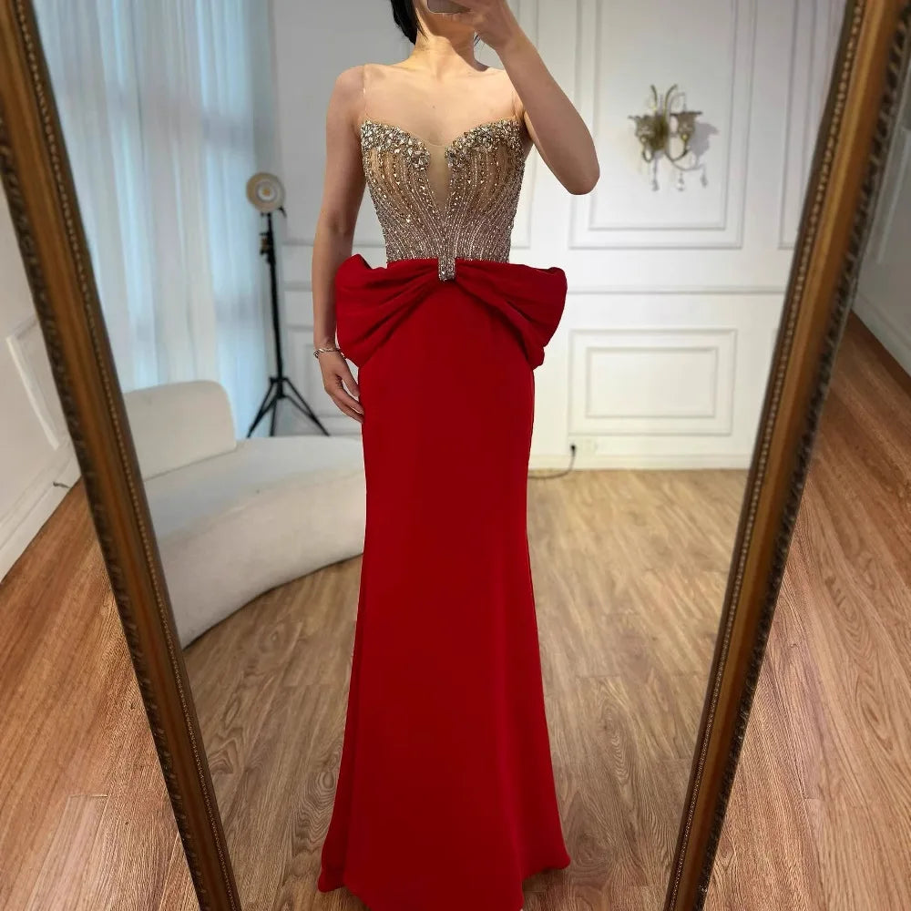 Designer Red Satin Evening Dress with Bow LA73060