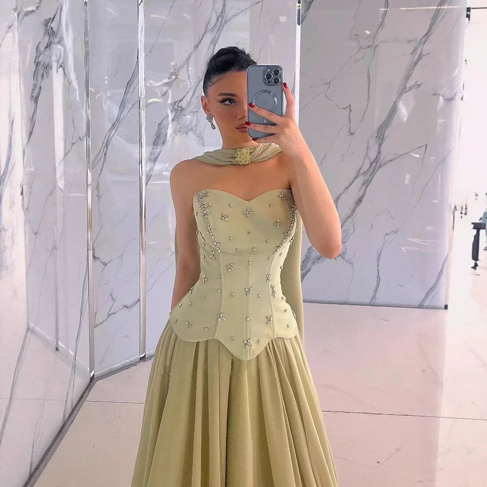 Classy Sage Green Strapless A-Line Chiffon Evening Dress LA73073