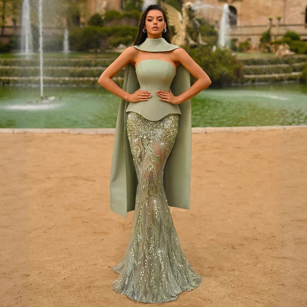 Luxury Sage Green Beaded Mermaid Evening Dress with Cape Collar LA73110