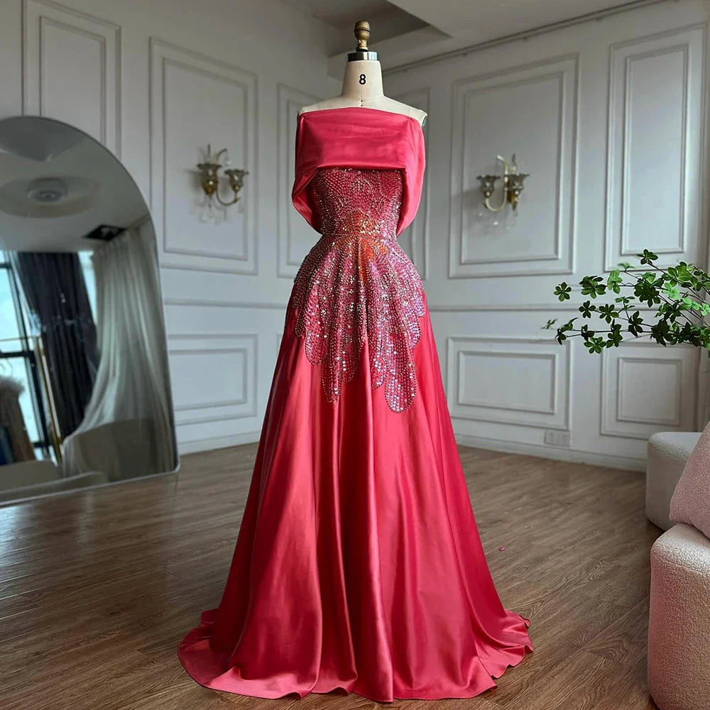Luxury Pink Satin A-Line Beaded Evening Dress LA72195A