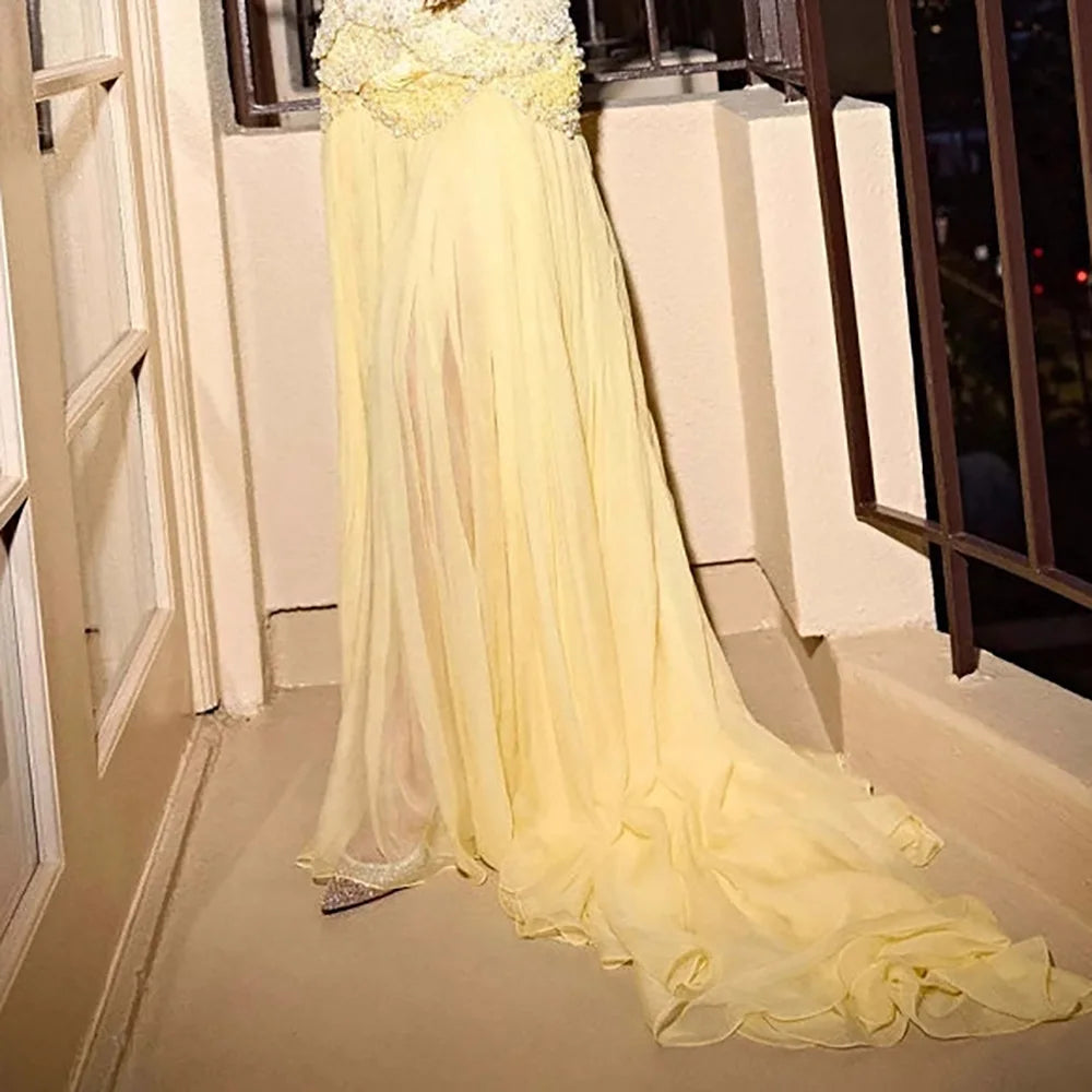Luxury Blue Evening Dress with Pearls Tassels and Flowing Coat LA72978A