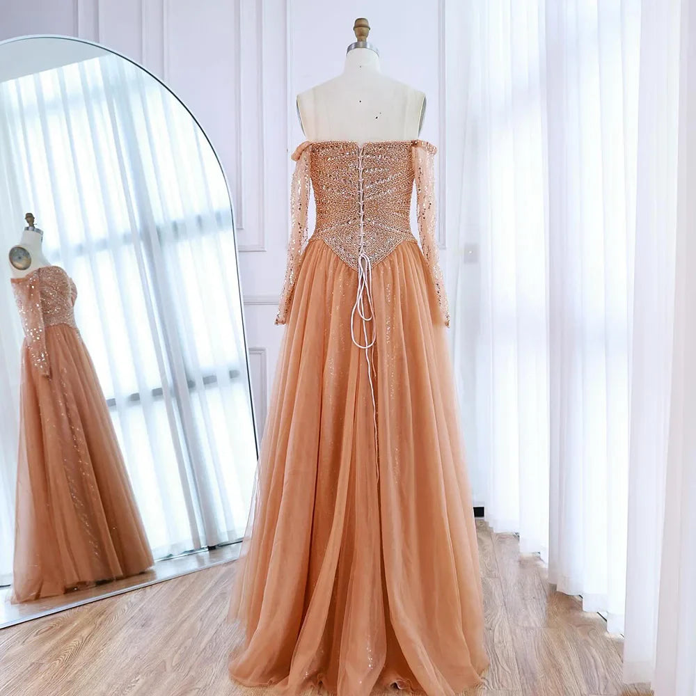 Luxury Nude Off Shoulder A-Line Beaded Evening Dress LA73038
