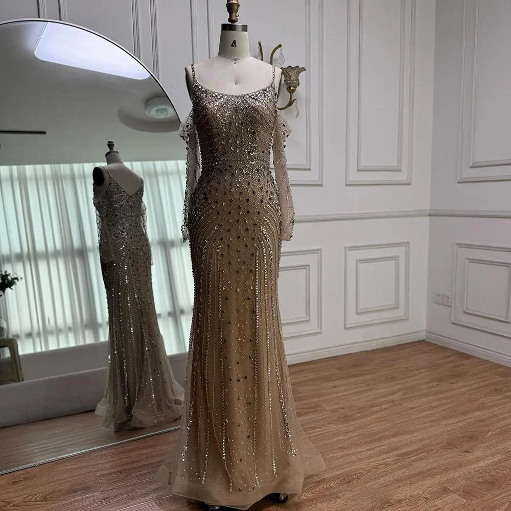 Luxury Nude Navy Blue Silver Beaded Evening Dress with Long Sleeves LA73120