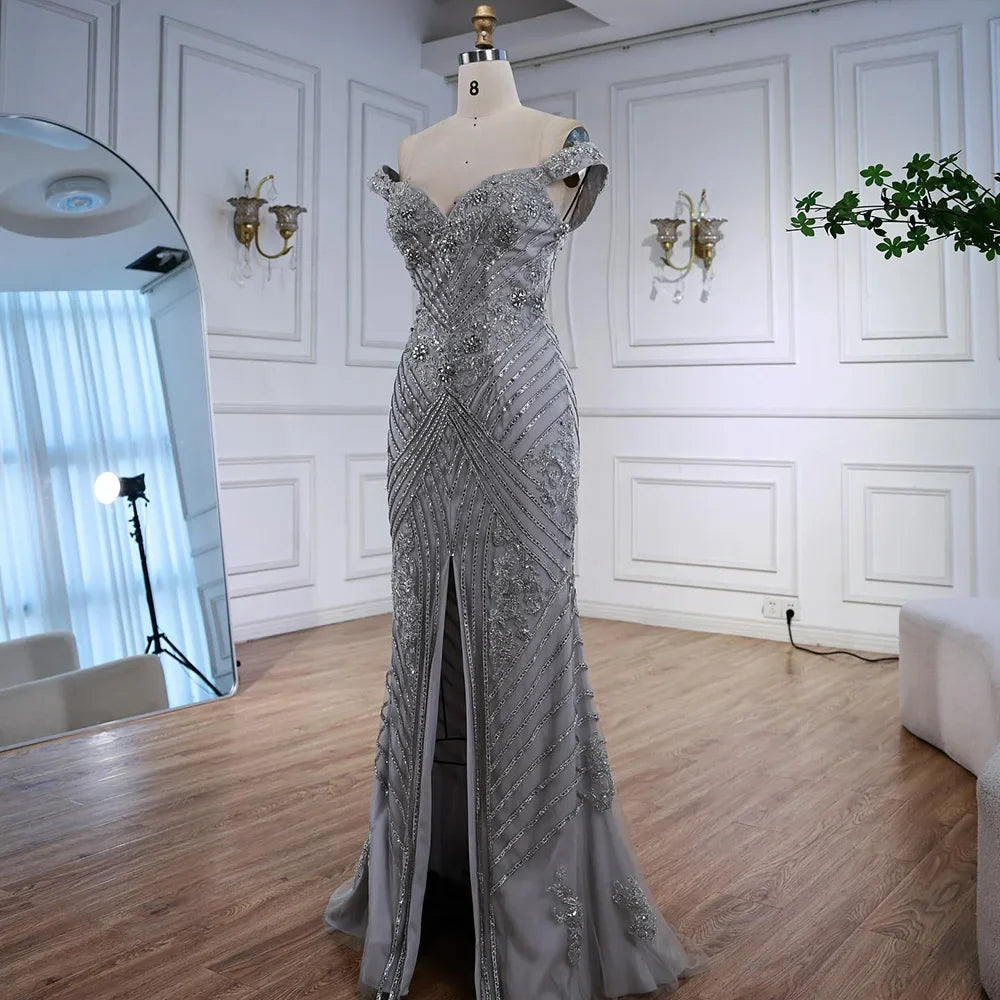 Luxury Silver Gray Off Shoulder Mermaid Evening Dress LA73018