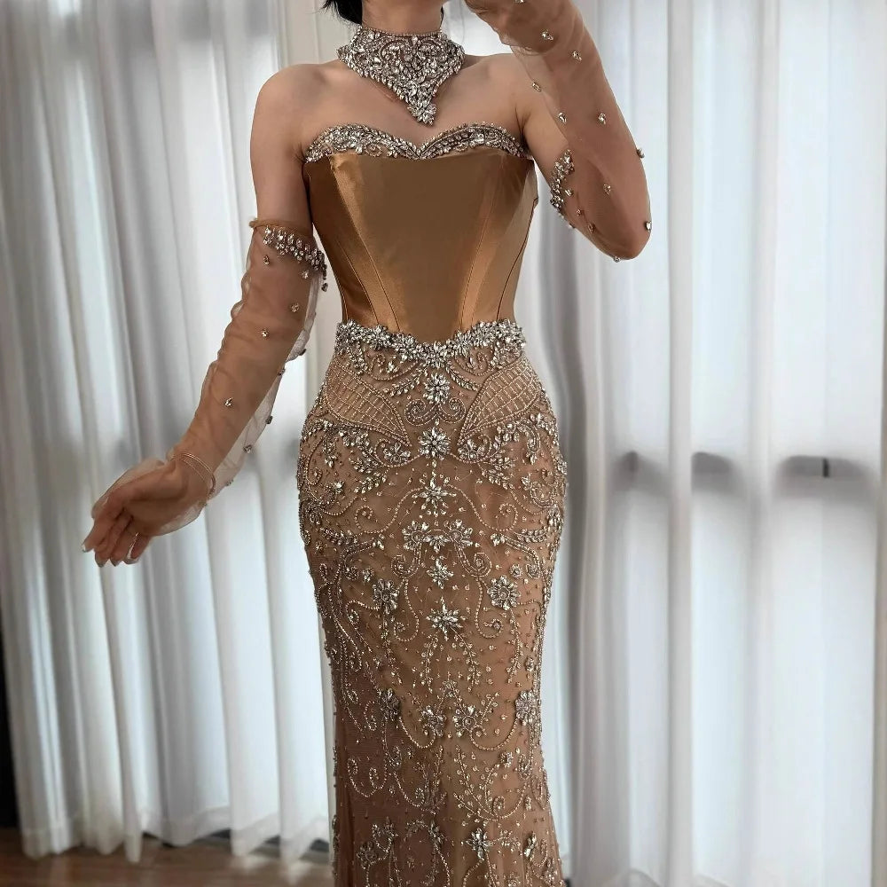 Luxury Beaded Corset Evening Dress Sheer Long Gloves LA72929