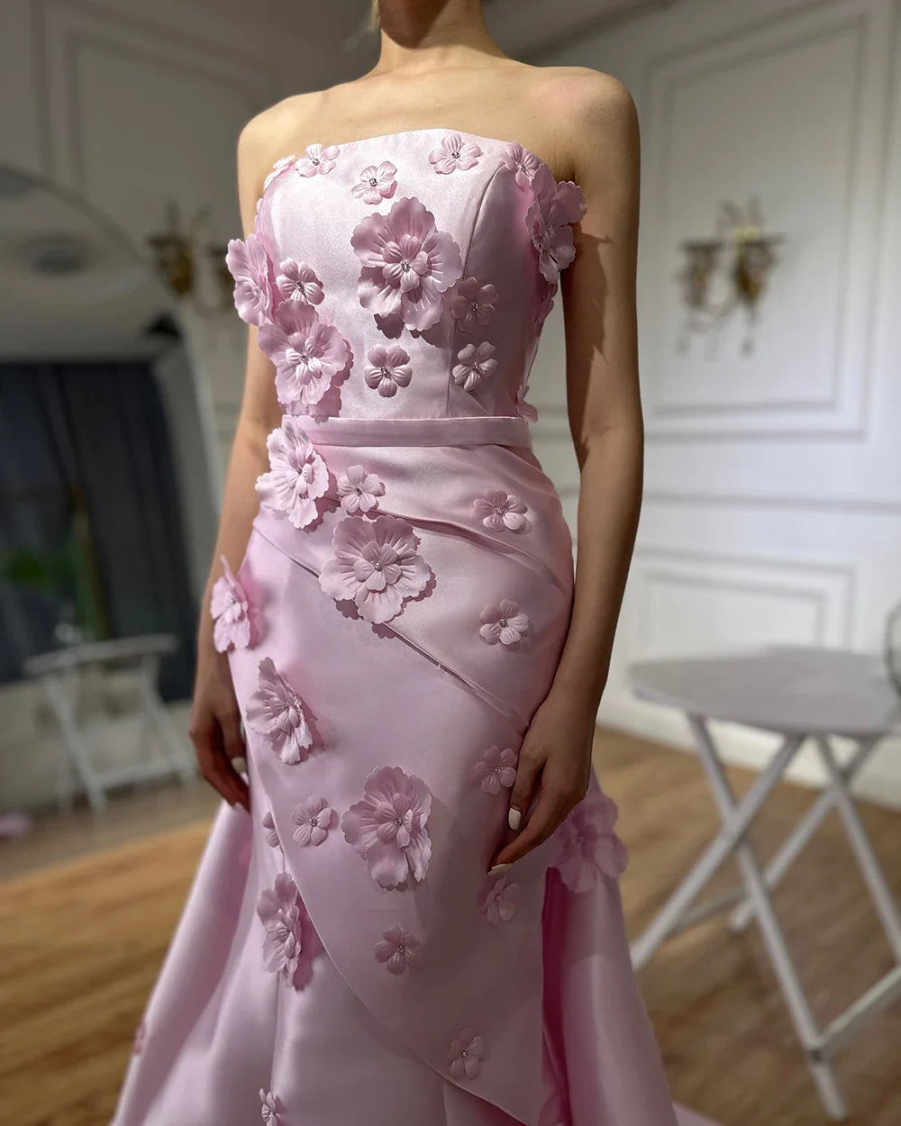 Luxury Dubai Saudi Pink Ruched Appliques Satin Mermaid Evening Dress Gown Lace-Up Back for Formal Occasion LA72740