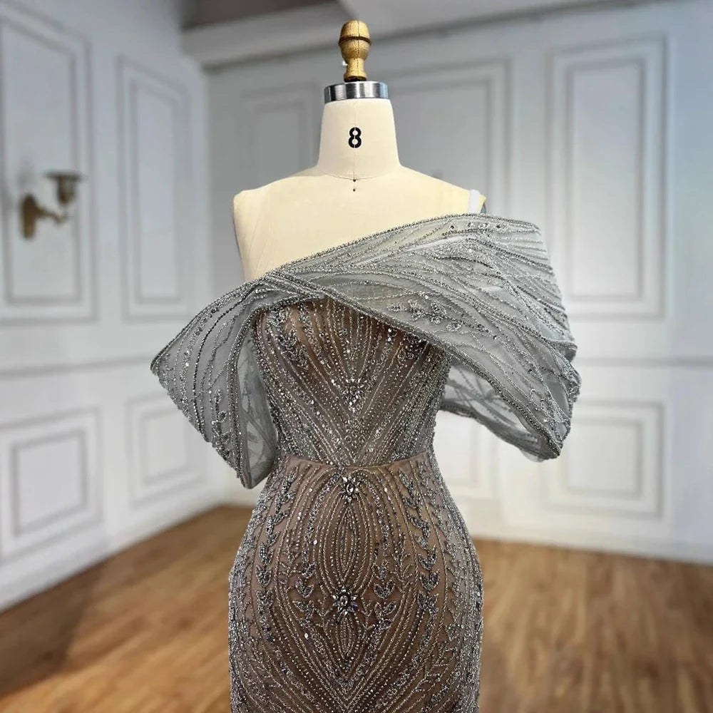 Luxury Silver Nude Off Shoulder Mermaid Evening Dress LA72878
