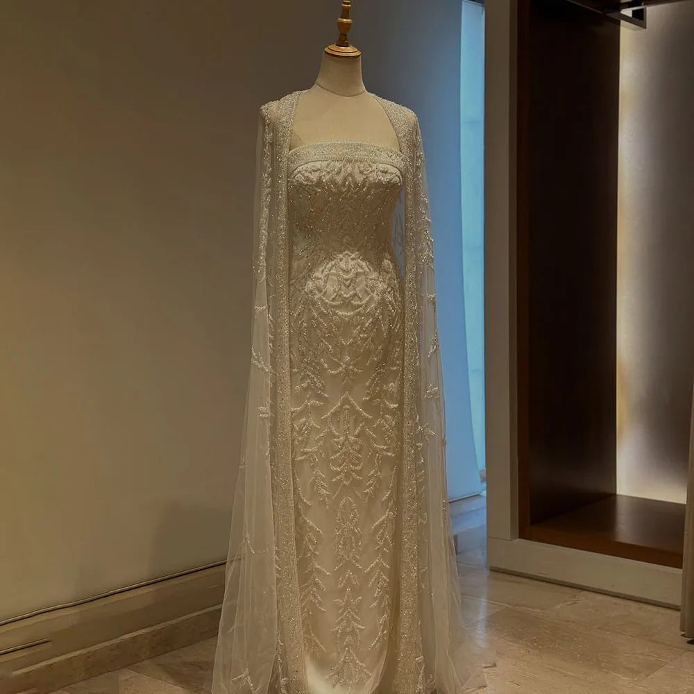 Luxury White Dubai Arabia Beading Evening Dress With Cape LA72870