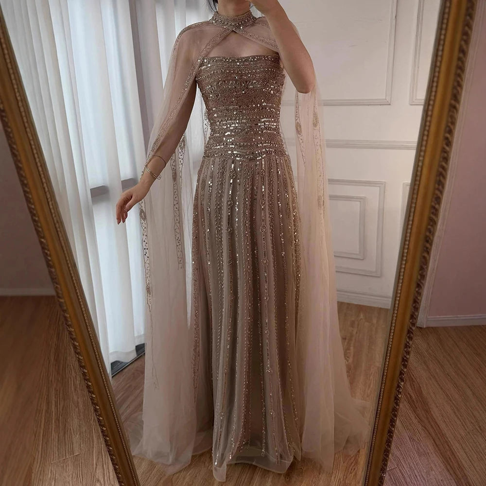 Luxury Dubai Caramel A-Line Beaded Evening Dress LA72873