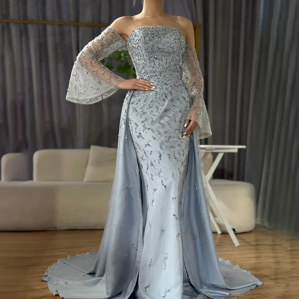Dubai Luxury Blue Beaded Pearls Evening Gown with Overskirt LA72705