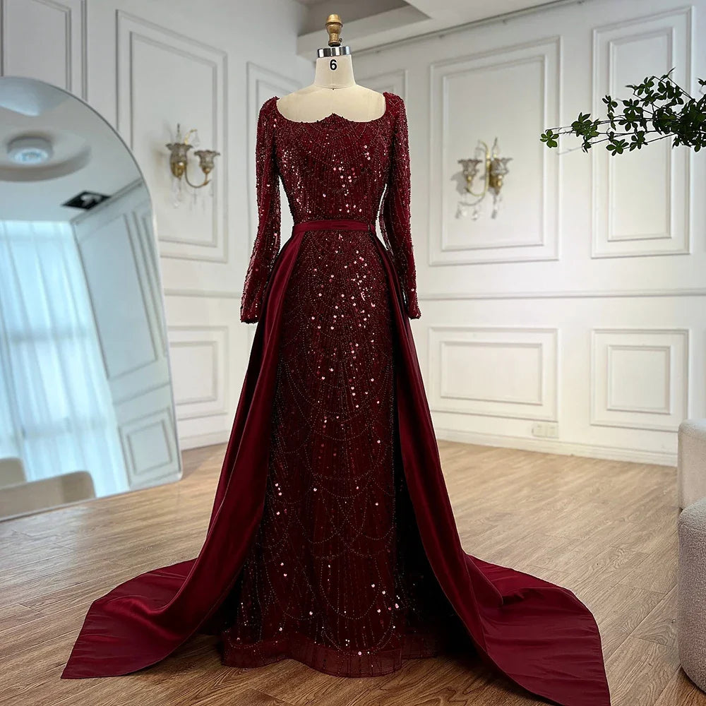 Luxury Wine Red Mermaid Evening Dress with Overskirt Plus Size LA72352A