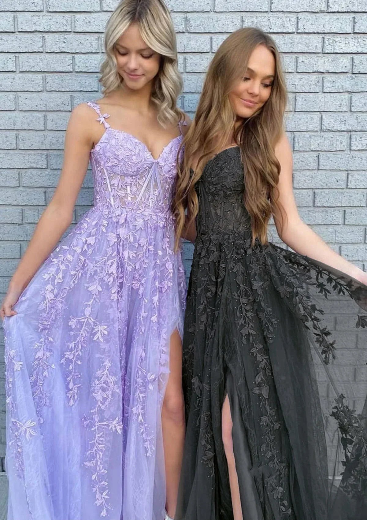 erene Hill Arabic Lilac A-Line Spaghetti Straps Long Lace Prom Dress with Split LA72692